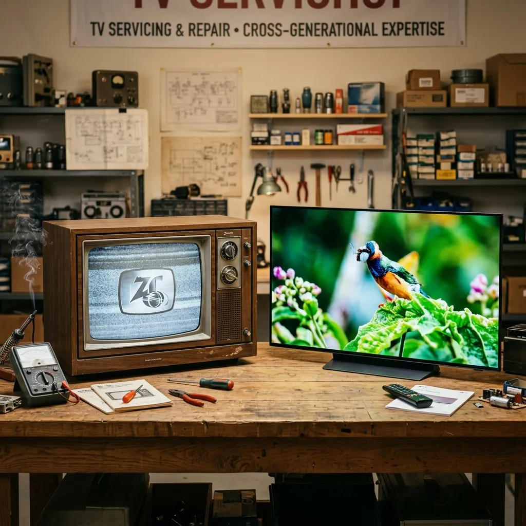 Georges TV Service workspace showing a vintage CRT television alongside a modern flat-screen TV