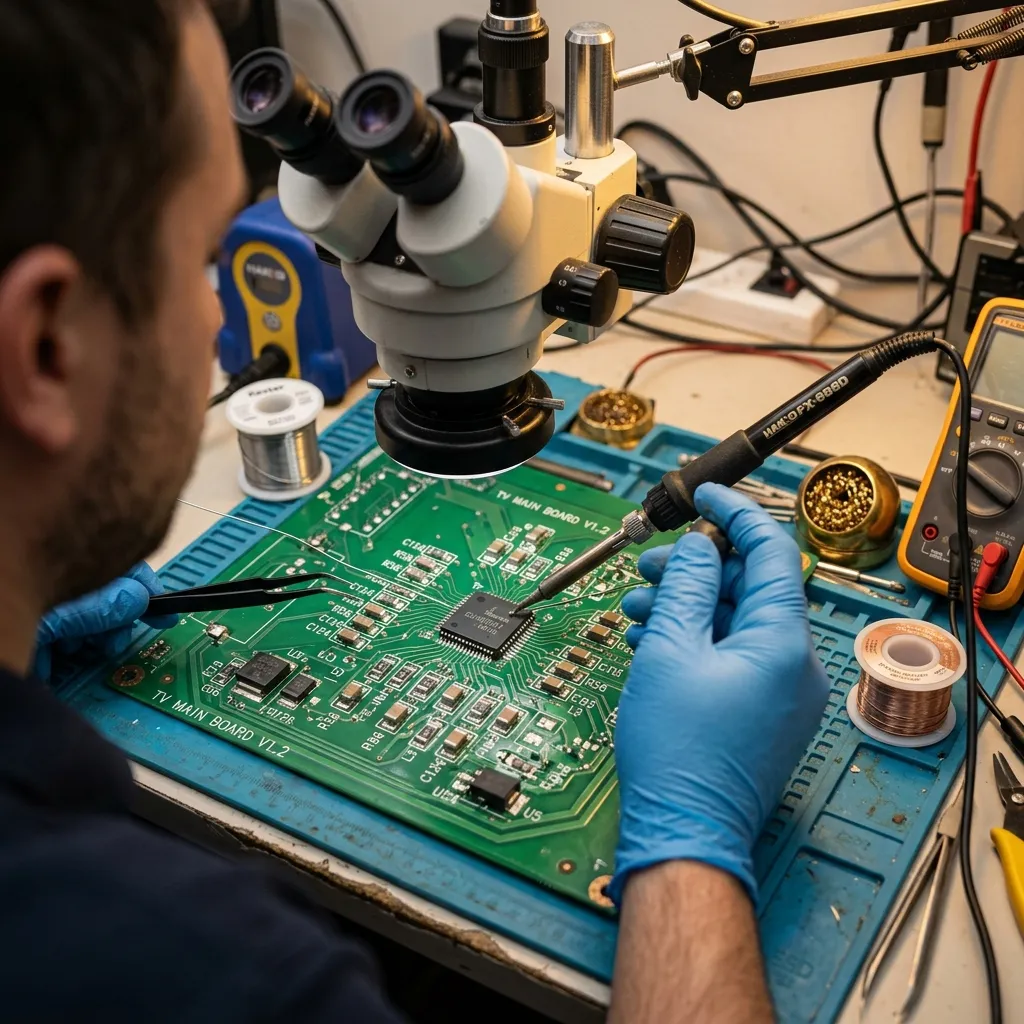 Technician soldering microchip on motherboard